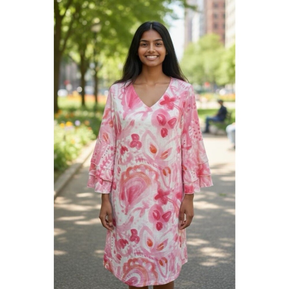 NoraCora NEW! midi v-neck pink floral soft 3/4 tier flare sleeved Medium summer